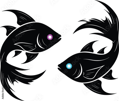 Yin yang fish illustration, black aquatic symbol, duality concept vector, harmony design element, stylized animal graphic, cad drawing flat vector illustration