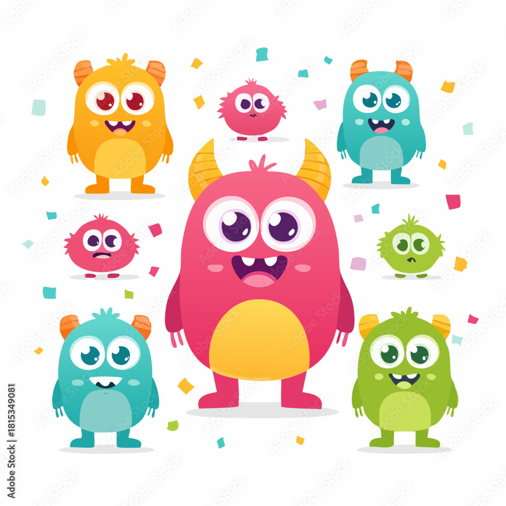 Fototapeta premium A vibrant collection of diverse and whimsical cartoon monsters, exuding playful energy and charm, perfect for playful designs and festive occasions