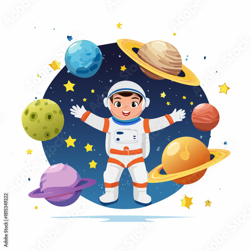 A cheerful young astronaut boy with outstretched arms surrounded by planets and stars, illustrating a journey through the cosmos and the wonder of space exploration