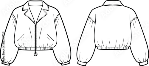 Cropped jacket technical sketch, puff sleeve front back view, zipper collar design, fashion garment layout, cad drawing flat vector illustration