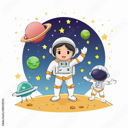 Cartoon astronaut explores alien planet with companion, flying saucer, and cosmic background of stars and planets for space adventure