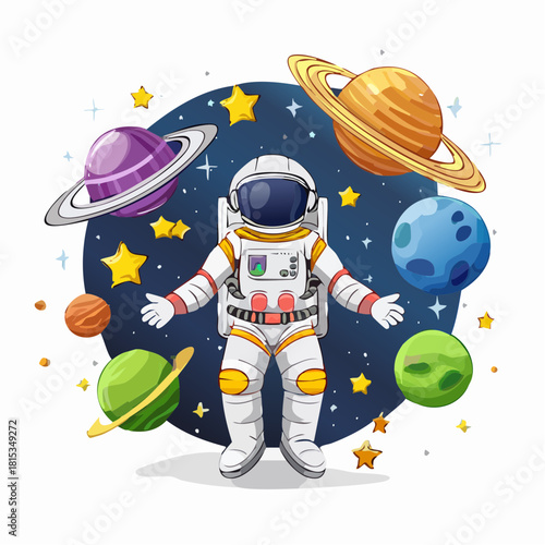 Astronaut floating in outer space surrounded by planets and stars, exploring the cosmos