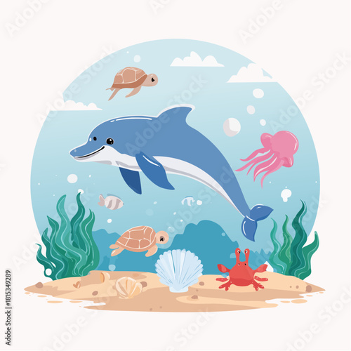 Vibrant underwater scene featuring a playful dolphin, sea turtles, a crab, and a jellyfish, with colorful marine plants and shells on the sandy seabed
