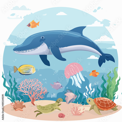 Vibrant and diverse marine life illustration showcasing a cheerful dolphin swimming gracefully among colorful fish, sea turtles, and intricate coral reefs in a lively underwater world