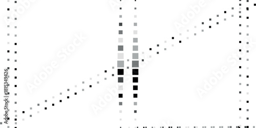 Abstract monochrome graphic with intersecting dotted lines composed of small squares on a white background.