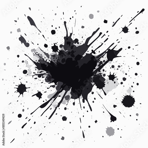 Black ink splatter on a white background, abstract grunge effect with dynamic splashes and droplets creating a modern artistic explosion of dark paint