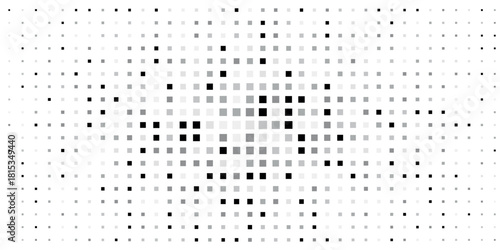 Abstract monochrome background with a radial pattern of pixelated squares on a white backdrop.