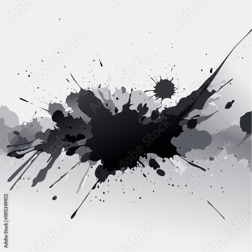 Abstract splattered ink grunge texture with dynamic splashes and drips on a white background, artistic chaos and fluid motion