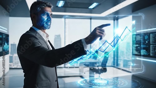 Confident executive analyzing holographic data projections in modern office, envisioning future growth and success scenarios for company