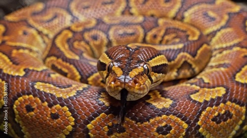 Majestic ball python coiled elegantly on mossy bark, showcasing its beautiful patterned scales in natural light