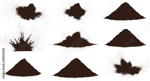 Soil pile silhouettes, dirt splatter vector, brown ground shapes, landscaping elements, nature texture icons, environmental design set, outdoor terrain illustration