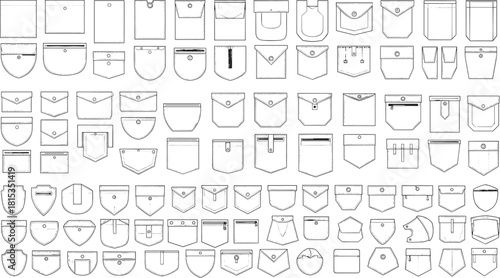 Pocket design collection, fashion sketch vector, garment detail elements, sewing pattern icons, clothing accessory styles, tailoring reference sheet, apparel construction illustration