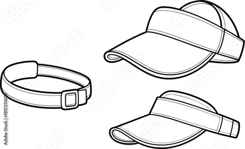 Sports visor technical sketch, front side back view, adjustable strap design, headwear construction detail, fashion accessory layout, cad drawing flat vector illustration