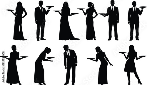 Waiter silhouette set, formal service vector, catering staff illustration, hospitality icon design, black uniform figures, tray holding pose, event service graphic