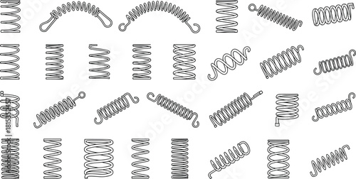 Mechanical spring set, coil variations, black and white line art, engineering components, tension compression springs, industrial vector illustration, hardware design elements