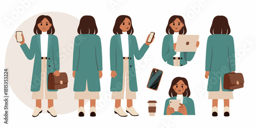 Businesswoman in different poses with technology and coffee isolated on white