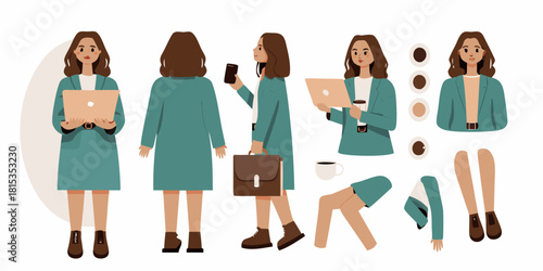 Businesswoman character design kit with different poses and accessories