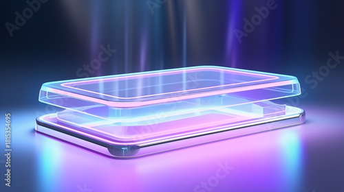 Futuristic 3D Neon Light Platform Display. Abstract Glowing Purple Blue Gradient Background. Technology Product Presentation Stage. Modern Digital Showcase Podium.