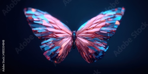Semi Aesthetic Symmetry concept. Colorful butterfly with a shiny, geometric design on a dark background.