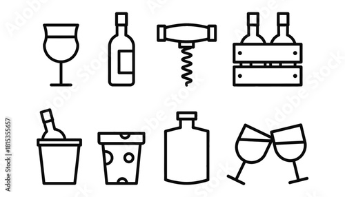 Wine and Beverage Celebration Line Icon Set: Wine Glass, Bottle, Corkscrew, Crate, Ice Bucket, Liquor, and Toasting Glasses for Restaurant, Party, Alcohol, and Bar