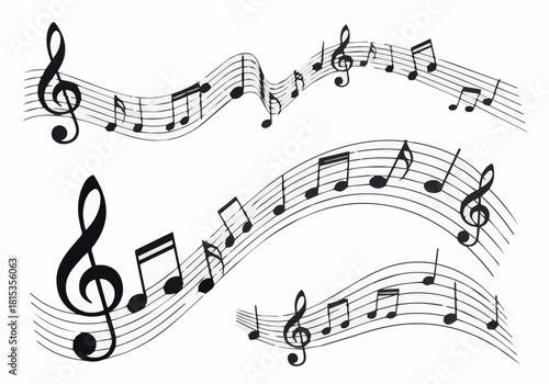 Flowing musical notes vector suitable for creative sound themes featuring elegant staff lines and dynamic black note compositions