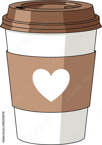 Disposable take away coffee cup vector illustration with heart logo on sleeve, perfect for cafe, morning ritual, coffee break, and love for hot drinks.
