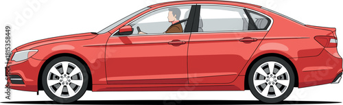 Bright red sedan car side view with driver, flat design vector illustration for personal transport, urban commute, modern travel, and driving concepts.