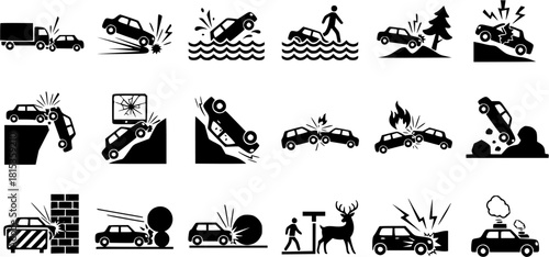 Set of vector silhouettes illustrating car crash and transport danger warning.