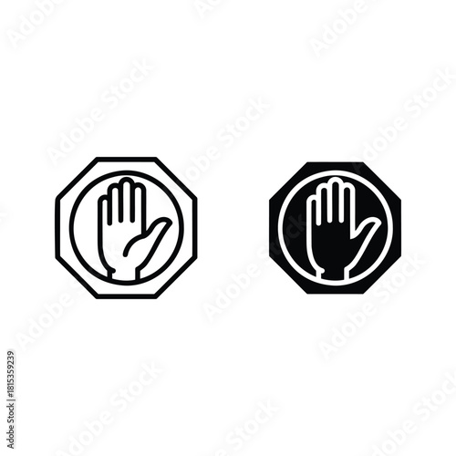 Stop hand sign icon set in outline and filled style isolated on