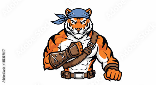Cartoon tiger character with bandana, leather accessories, and fists clenched, ready for action.