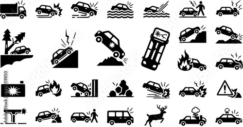 Set of vector silhouettes illustrating car crash and transport danger warning.