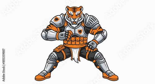 Cartoon tiger character in a fighting stance, wearing armor and gloves, ready for combat.