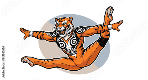 A stylized tiger character in a dynamic pose, performing a graceful acrobatic feat.