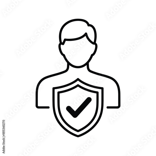 Line icon of person with shield and check mark, isolated on