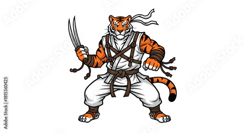 A fierce tiger warrior poised in a martial arts stance, wielding claws.