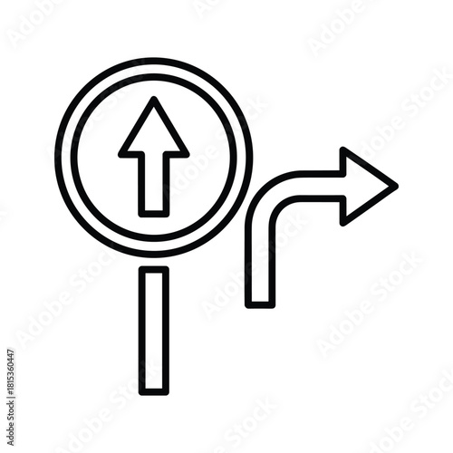 Black and white line art icon of road sign for straight or turn