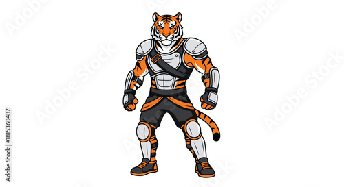 A cartoon tiger character, muscular and armored, standing confidently on a white background.