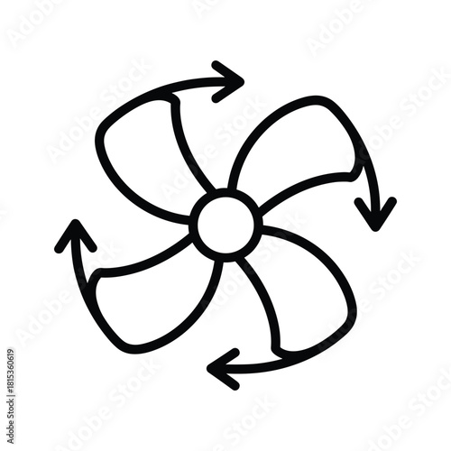 Black and white line icon of a rotating fan with four blades