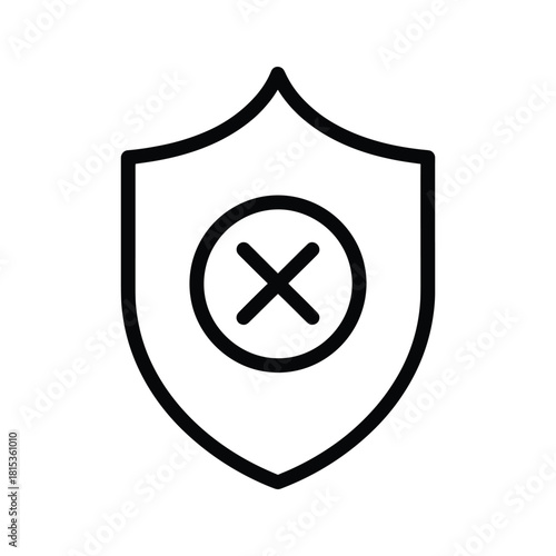 Black line icon of a shield with a cross mark inside, isolated on