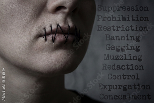 Close-up of a person's lips sewn shut with black thread, symbolizing censorship and suppression. Overlaid words highlight themes of control and oppression