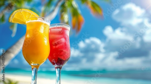 Fototapeta Naklejka Na Ścianę i Meble -  Vibrant tropical beach bar serving colorful cocktails surrounded by palm trees under a blue sky