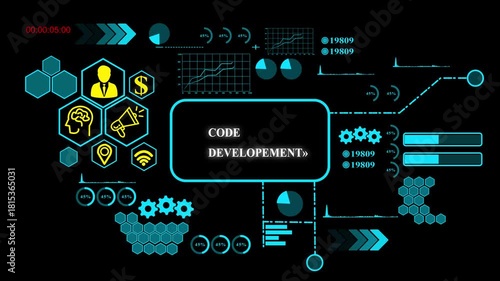 Code Developement, concept with Data Analytics, Business Graphics, loading bar, gearbox, Asymptotic smart data analytics,4k video  On Black background.