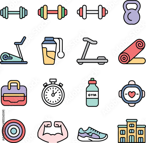 Gym and fitness equipment vector illustration icon set