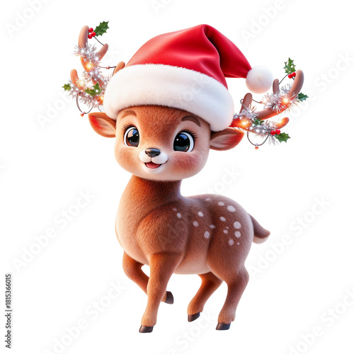 Cute 3D cartoon reindeer wearing a Santa hat, with glowing Christmas lights and holly decorations on its antlers, isolated on a clean background. Festive, cheerful holiday character.