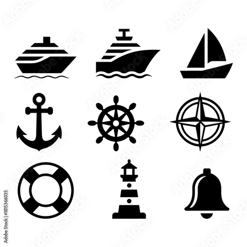 Nautical icons collection featuring ships anchor compass lighthouse and bell