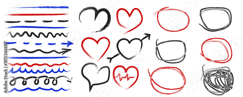 Set of minimalist doodle lines and shapes with transparent background, depicting artistic underlines, heart symbols, circle accents, and expressive scribbles, vector illustration