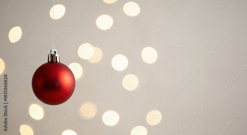 Fototapeta premium Vibrant red Christmas ornament hanging against a soft, warm bokeh background, perfect for holiday season celebrations and festive greetings.