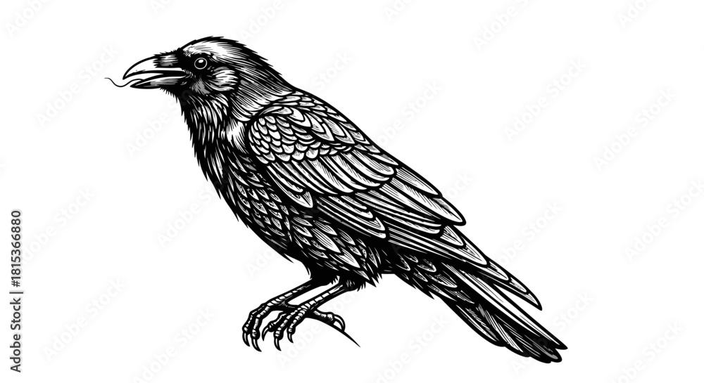 Fototapeta premium Detailed Black and White Illustration of a Raven
