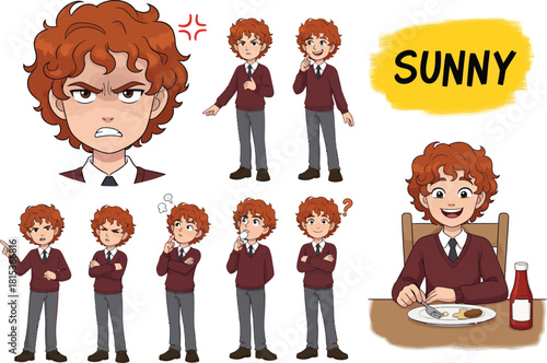 Young anime boy character expressing various emotions and poses in school uniform