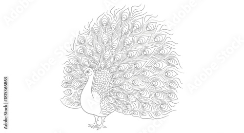 Detailed Line Art Illustration of a Peacock
